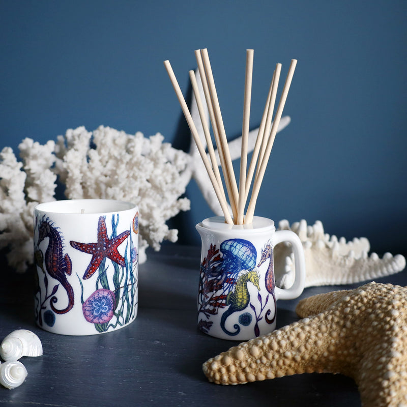 Candle in a bone china beaker and room diffuser in a small jug with the reeds coming out of the top. Both items are decorated in brightly coloured sea creatures, seaweed and corals. They are on a blue cupboard top against a blue wall with white coral and starfish around them.
