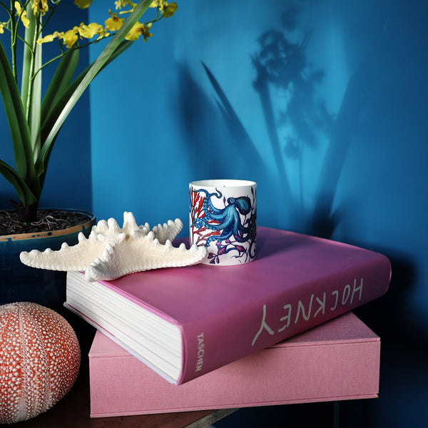 Bone china candle beaker with colourful octopus, coral and seaweed design sitting on a 2 pink books against and tea blue wall with the sunlight reflecting a potted orchid on the wall behind.