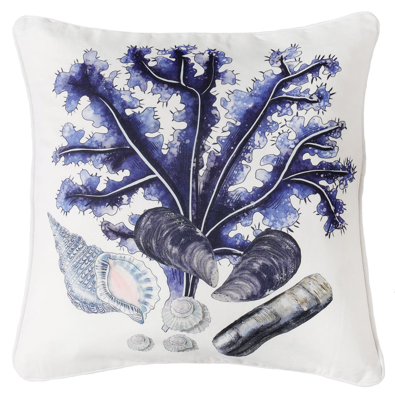 off white piped linen cushion cover with inky blue hand drawn illustrations of mussels, shells and seaweed