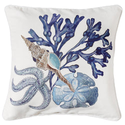 natural piped linen cushion with hand drawn illustrations of seaweed,a sand dollar, starfish in shades of blue