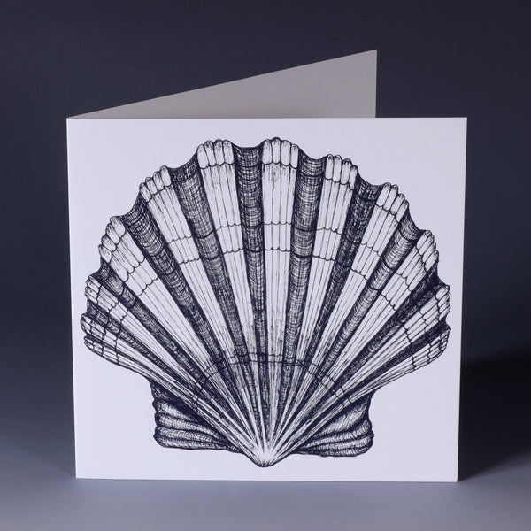 greeting card with navy illustration of a scallop shell on a white background