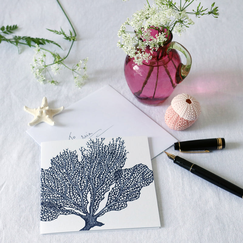 greeting card with navy illustration of a sea fan on a white background lying on a white table cloth with a fountain pen, hand written envelope shells and a small cranberry glass jug with wild flowers in 