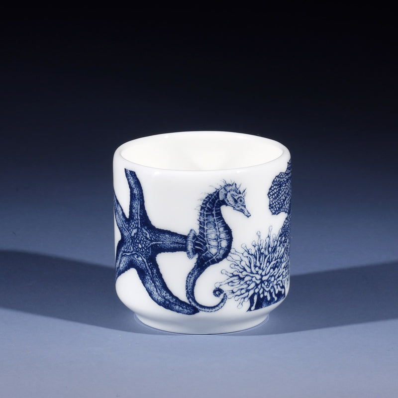 Bone china Egg cup in our classic Blue and White range with a jellyfish design, this side showing more of the scene