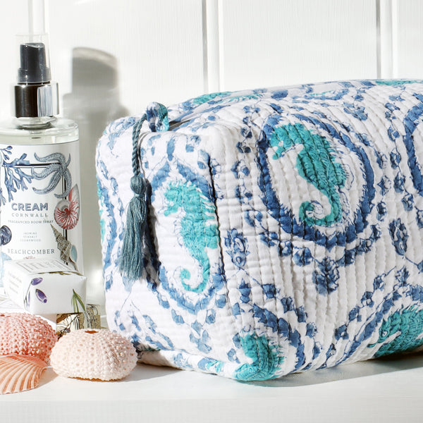 Turquoise & White Seahorse Cameo Large Cosmetic Bag