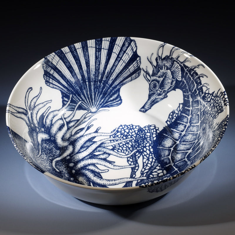 Serving bowl in Bone China in our Classic range in Navy and white in the Seahorse design