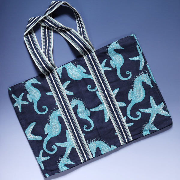 Seahorse and Starfish decorated Tote bag in a cotton and linen mix with large braided handles
