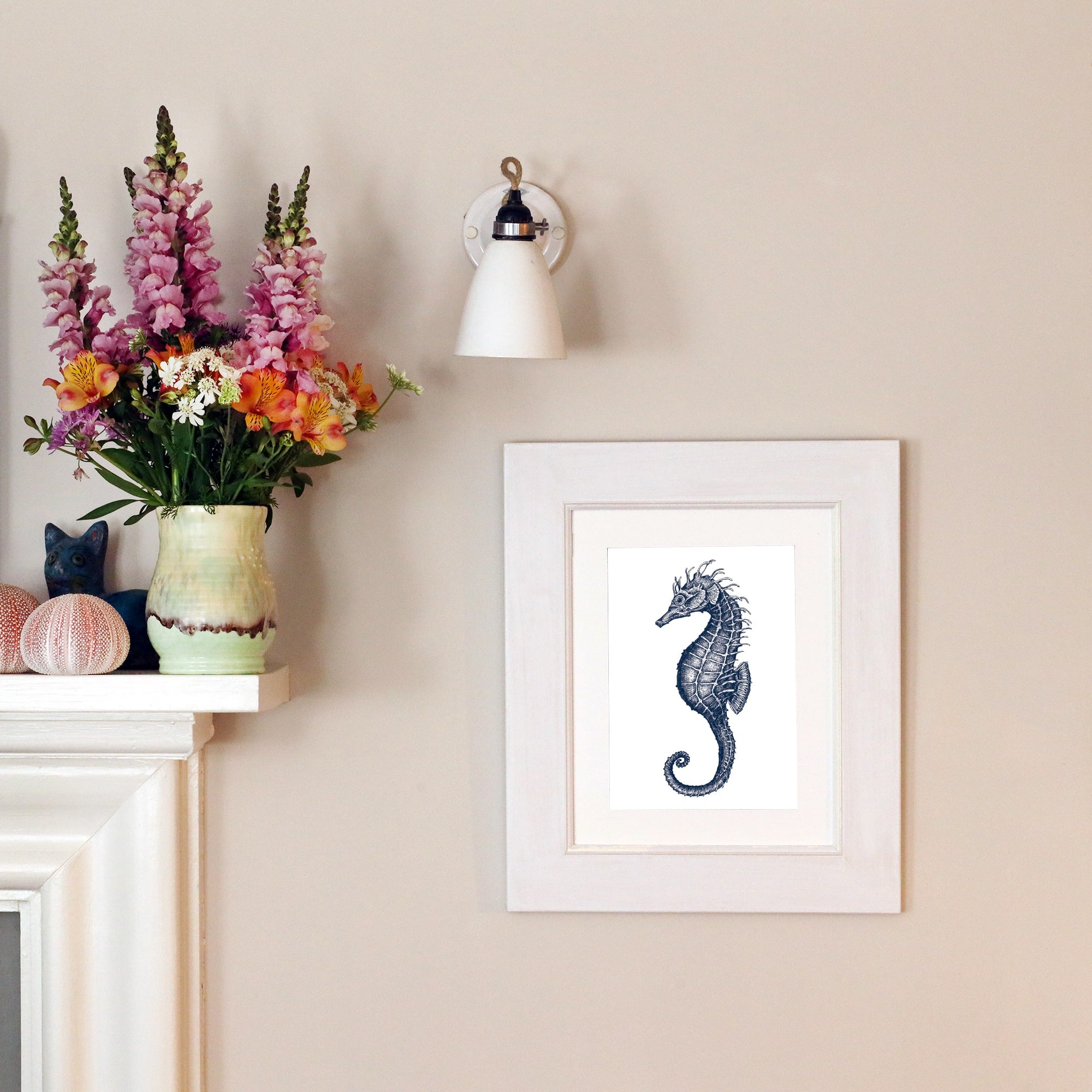 Seahorse Art Print In Blue On White - A2