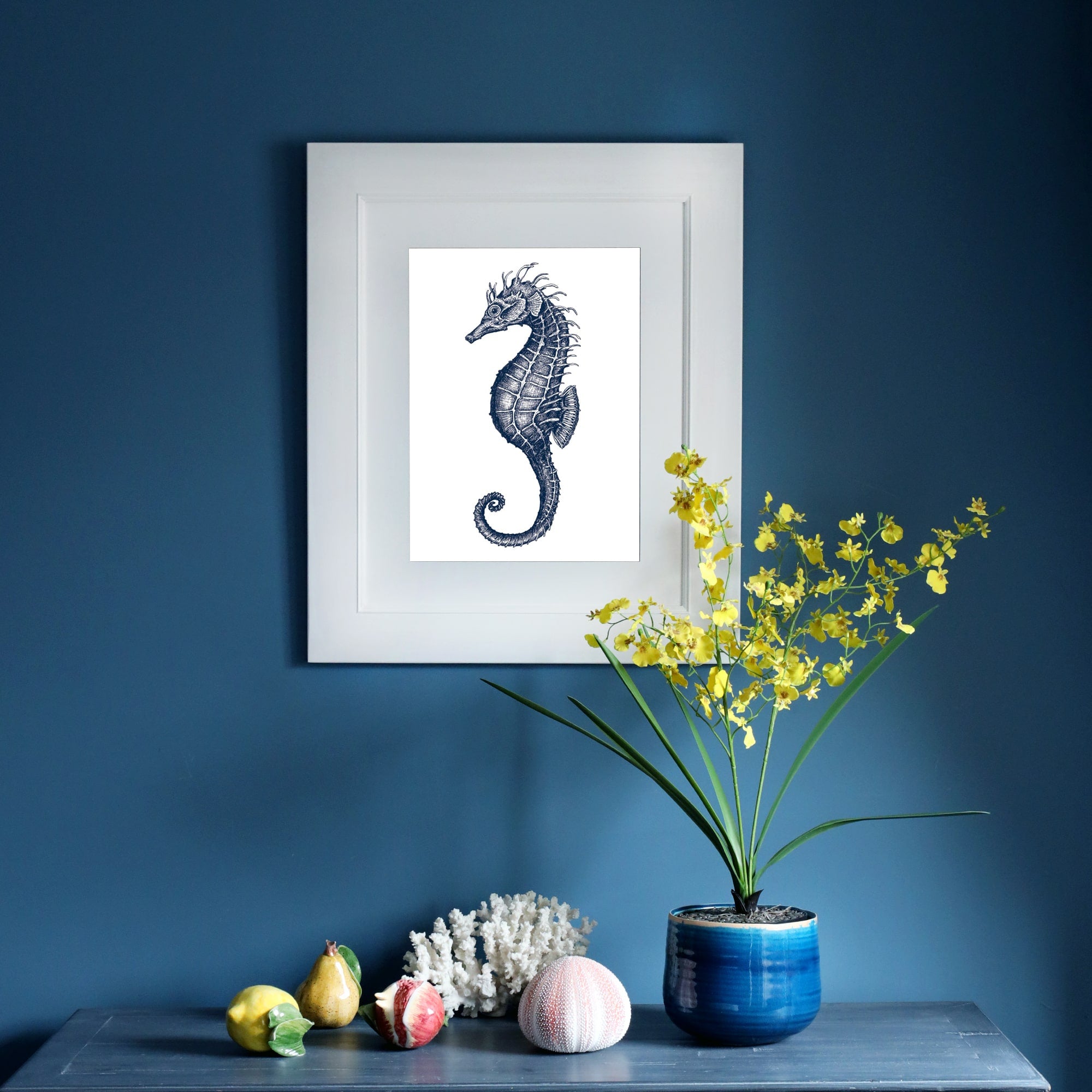 Seahorse Art Print In Blue On White - A2