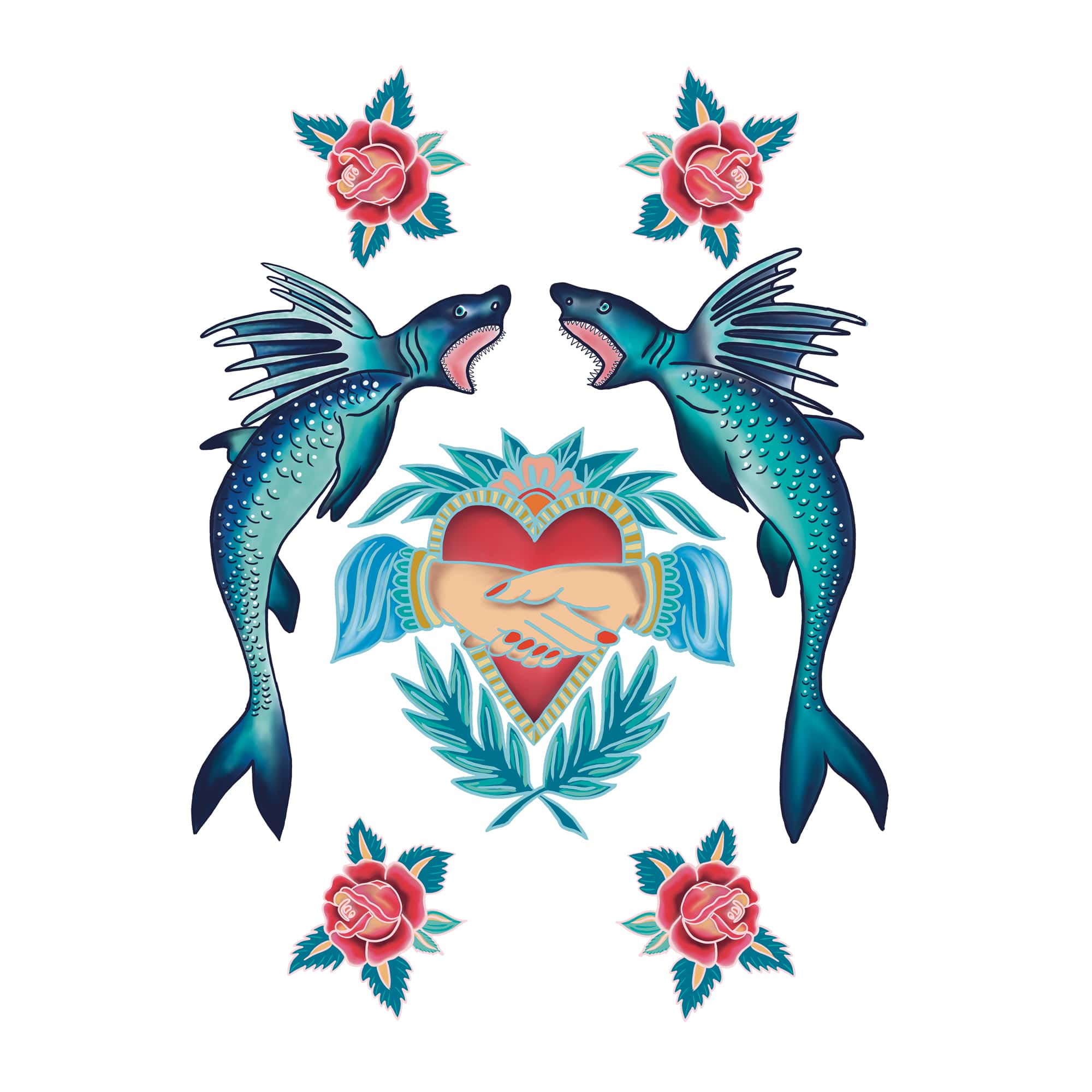 Sharks & Heart Art Print In Three Sizes - A4, A3 And A2