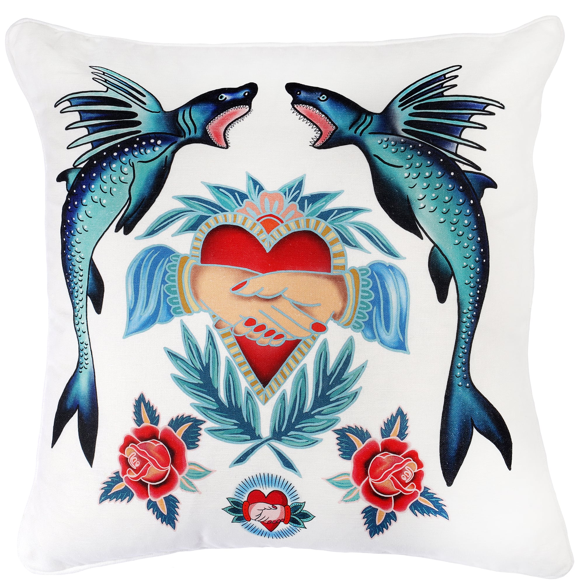 White cushion with sailor's tattoo inspired brightly coloured design of sharks, hearts, hands and roses.