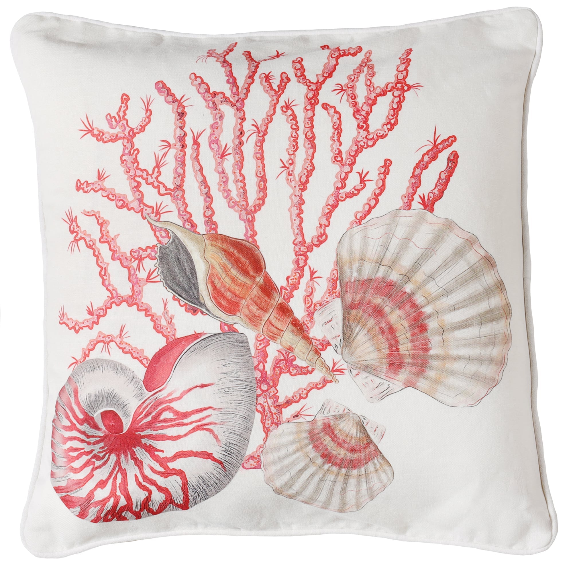 off white piped linen cushion cover with sea shell and coral hand drawn illustrations in pinks