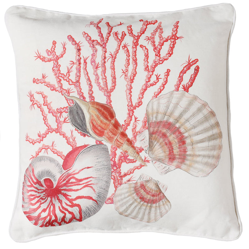 off white piped linen cushion cover with sea shell and coral hand drawn illustrations in pinks