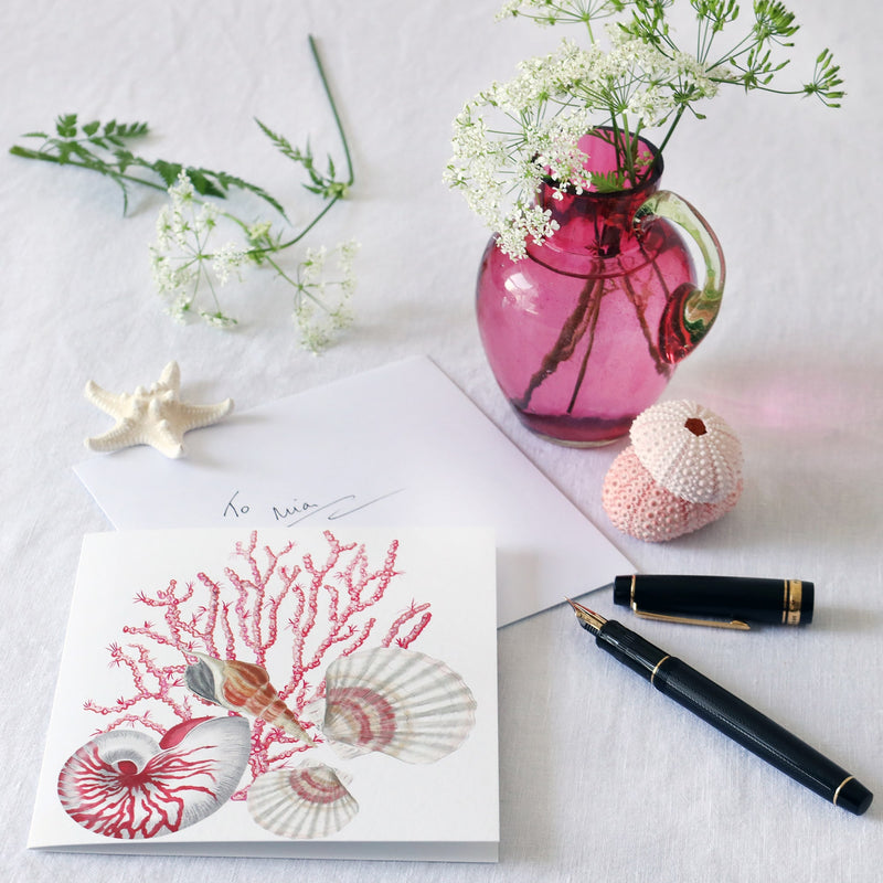 greeting card with illustration of seaweed, nautilus, whelk and scallop shells all in pinks  on a white background lying on a white table cloth with a fountain pen, hand written envelope shells and a small cranberry glass jug with wild flowers in 