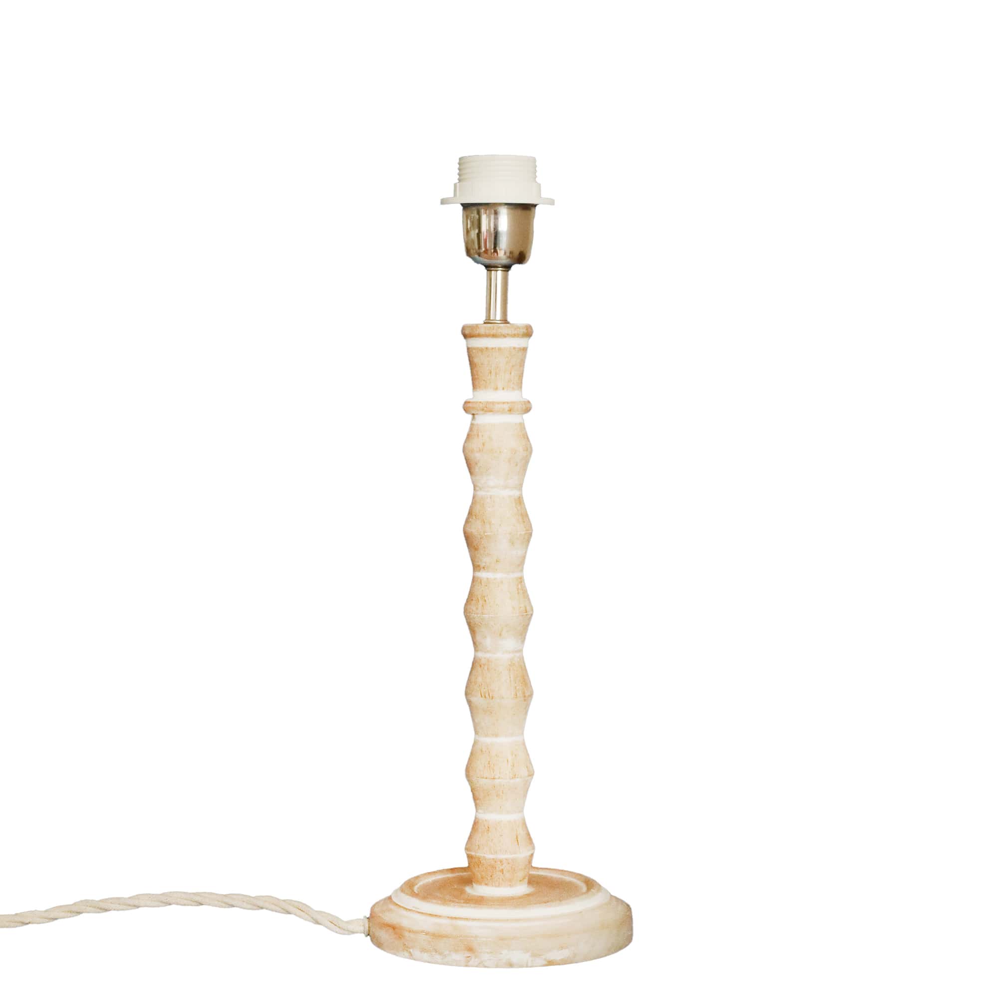 Whitewashed wooden small bobbin lamp base with natural coloured flex and chrome & white fittings.