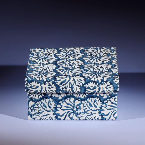 Small Coraline Prussia Blue hand blocked paper covered box