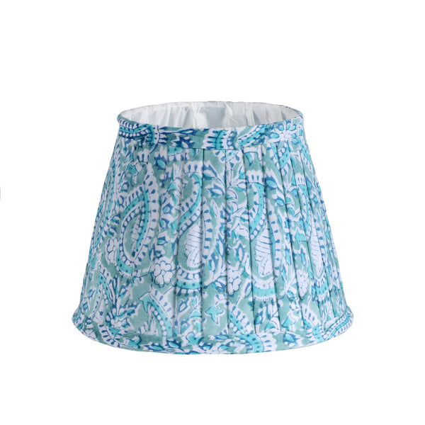 Small pleated Seafoam Paisley Shell  lampshade in hand blocked print .Finished on the edge with fabric and lined in white.