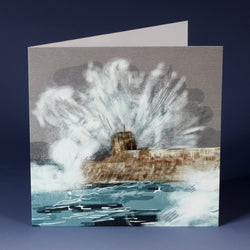 greeting card with illustration of waves crashing up over the quay entitled storm brewing