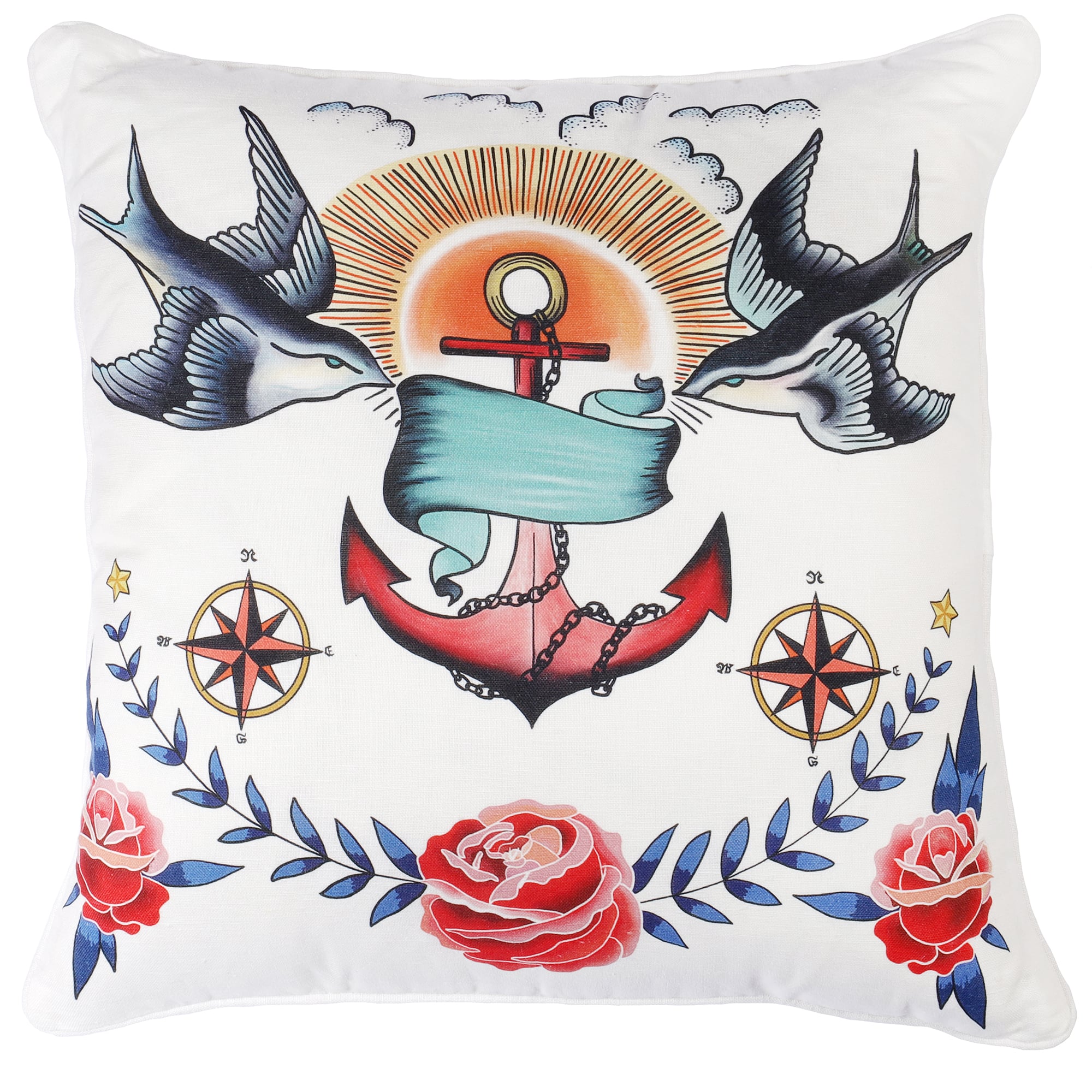 White cushion with sailor's tattoo inspired brightly coloured design of swallows, anchor and roses. 