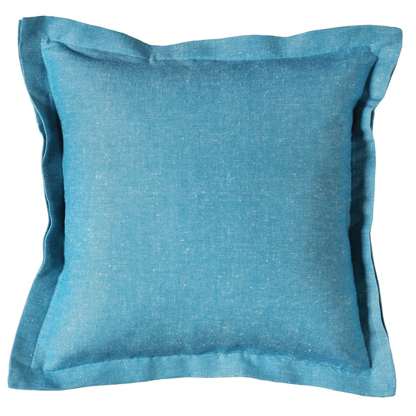 turquoise linen and cotton chambray cushion with double flange detail and zipped back