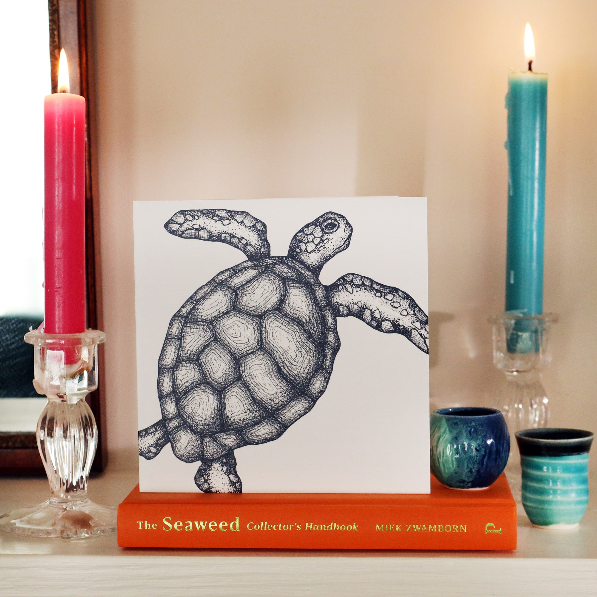 White card with navy illustrated turtle on, sitting on a book on a shelf with a candle lit each side and som small blue ceramic pots.