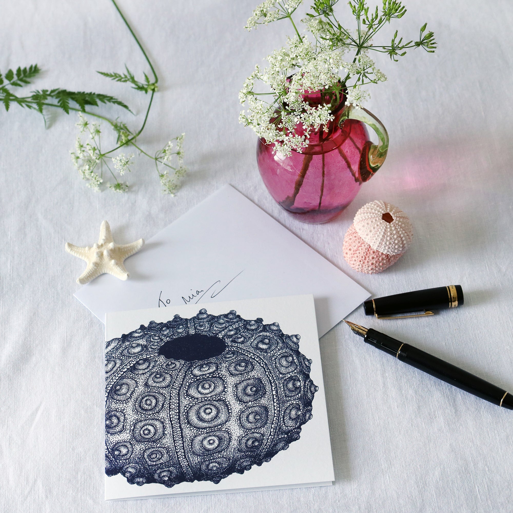 greeting card with nay illustrated sea urchin on white background lying on a white table cloth with a fountain pen, hand written envelope shells and a small cranberry glass jug with wild flowers in 