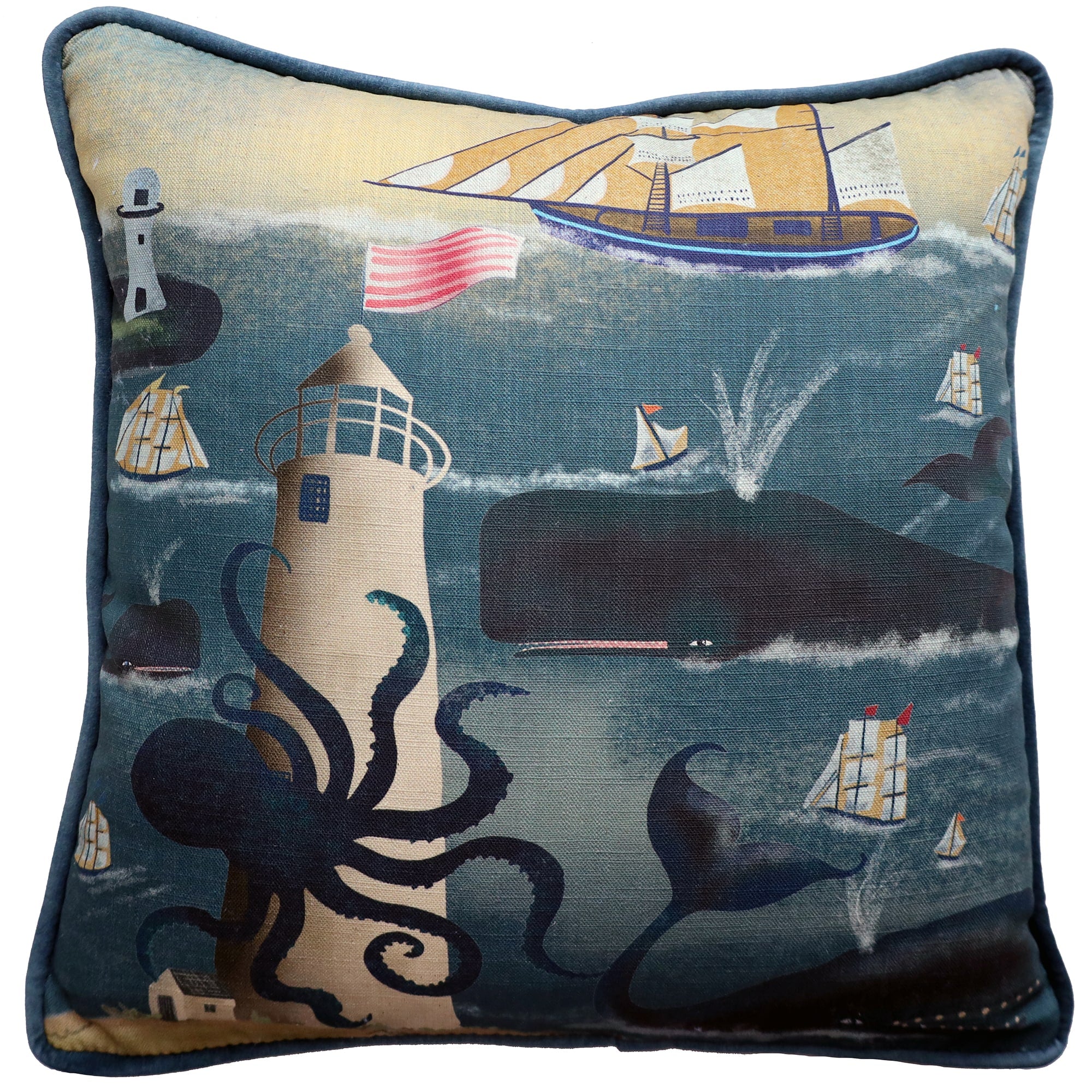 A square decorative cushion featuring a whimsical nautical scene. The design shows a lighthouse wrapped by an octopus, with whales swimming nearby and spouting water. Sailboats and a large ship with tan sails glide across the ocean, while a red and white flag waves in the wind. The scene is set against a backdrop of deep blue waves, capturing the charm and mystery of marine life. The playful and vibrant artwork brings a sense of coastal adventure and folklore to the cushion, perfect for adding a seaside tou