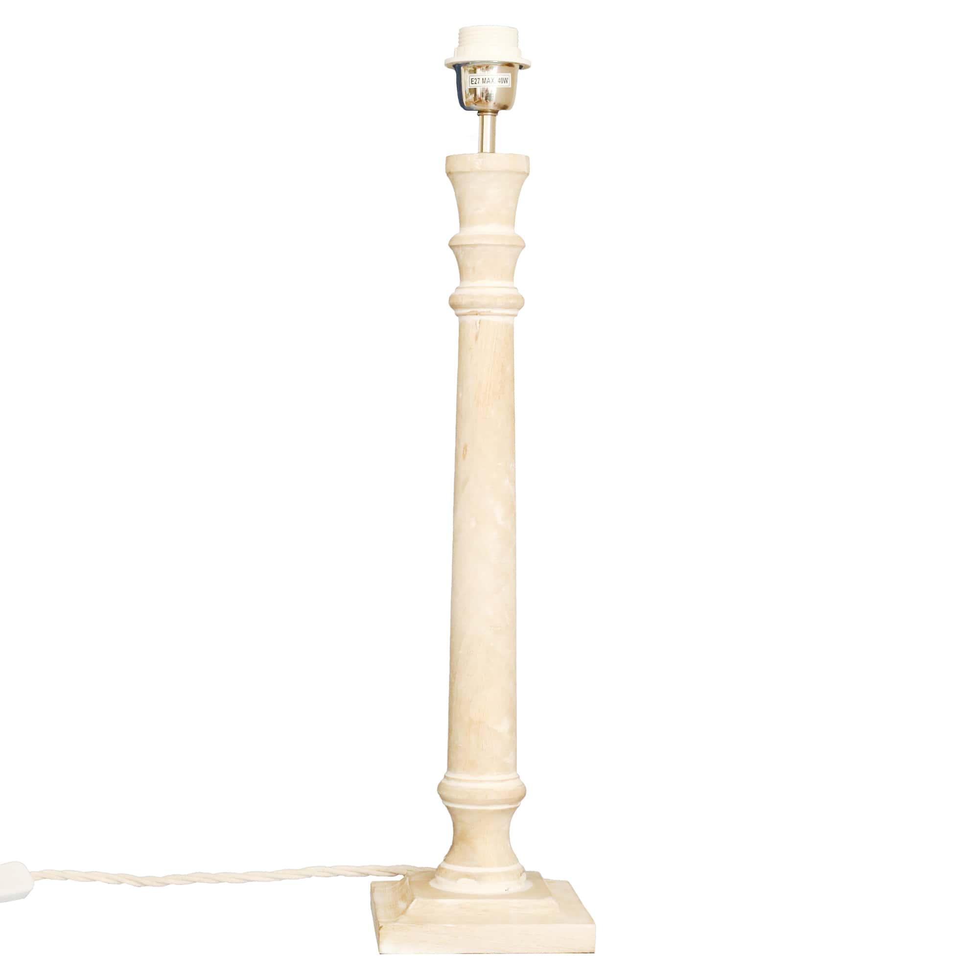 Whitewashed wooden lamp base with natural coloured flex and chrome & white fittings.