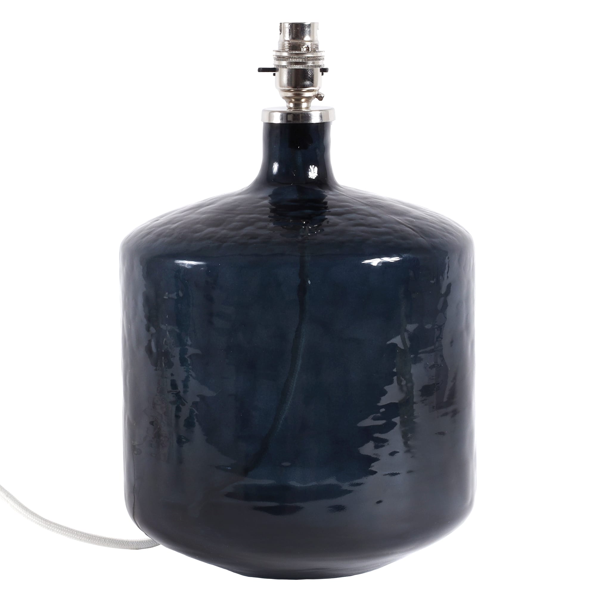 Petrol Blue Glass lampbase with silver fixtures and a white electric cord
