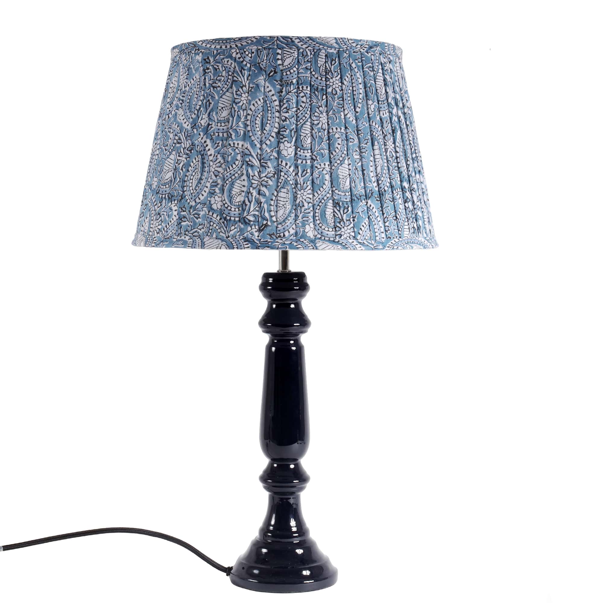 Navy Lacquer Zennor lampbase  with black cord,silver top and black fixing.On top is a pleated lampshade