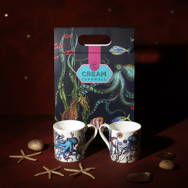 Luxury Gift Set of Two Bone China Reef Design Mugs in front of a luxury reusable Reef Underwater Design gift bag -gifting-Cream Cornwall