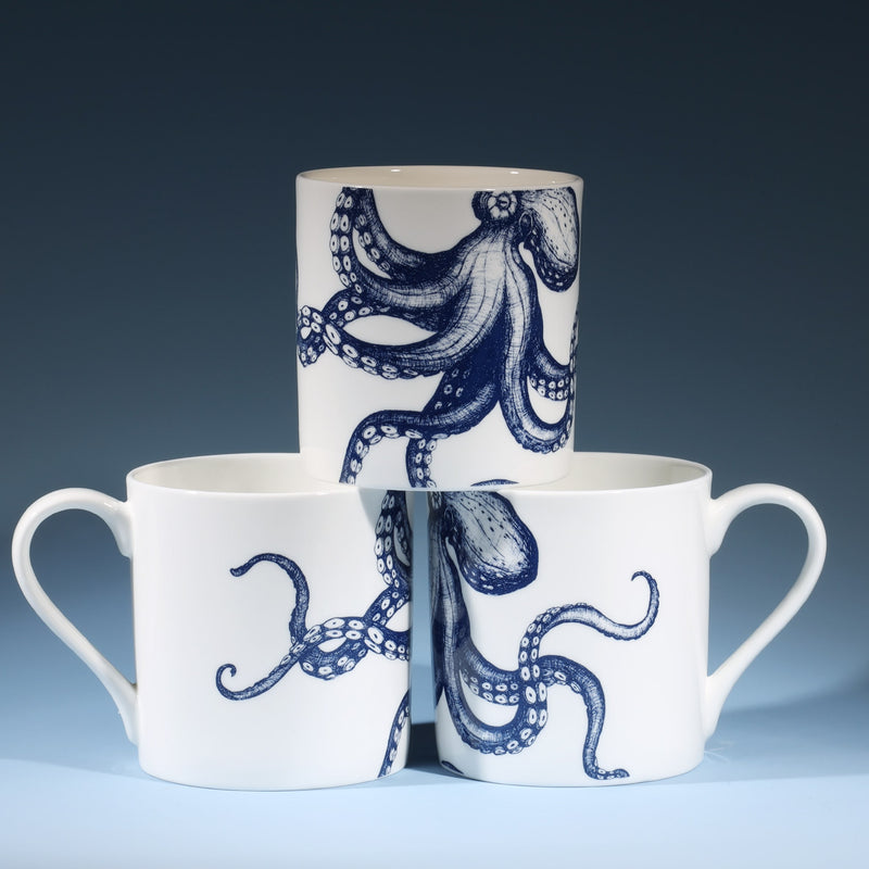 Bone china mug featuring an octopus design in classic Cornish blue and white - Kitchen and Dining-Cream Cornwall