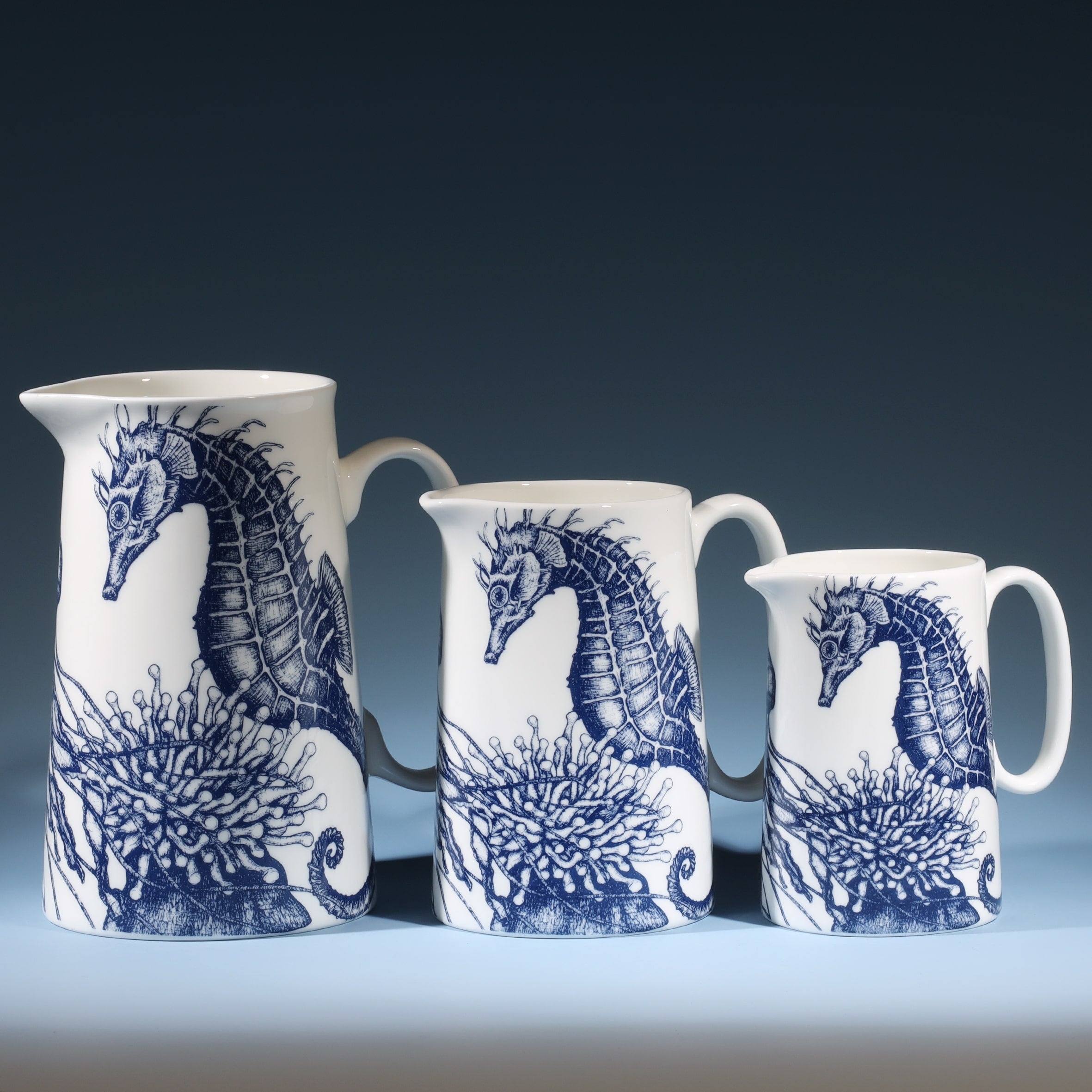 Three Bone China white Jugs with hand drawn illustration of our Seahorse with Anemone and Jellyfish  in Navy.There are three sizes Large,Medium and small.
