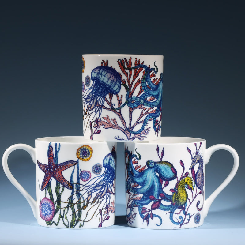 Image of three bone china mugs featuring an underwater Reef Design with Octopus, Jellyfish and Starfish - Tea and Coffee - Kitchen and Dining-Cream Cornwall