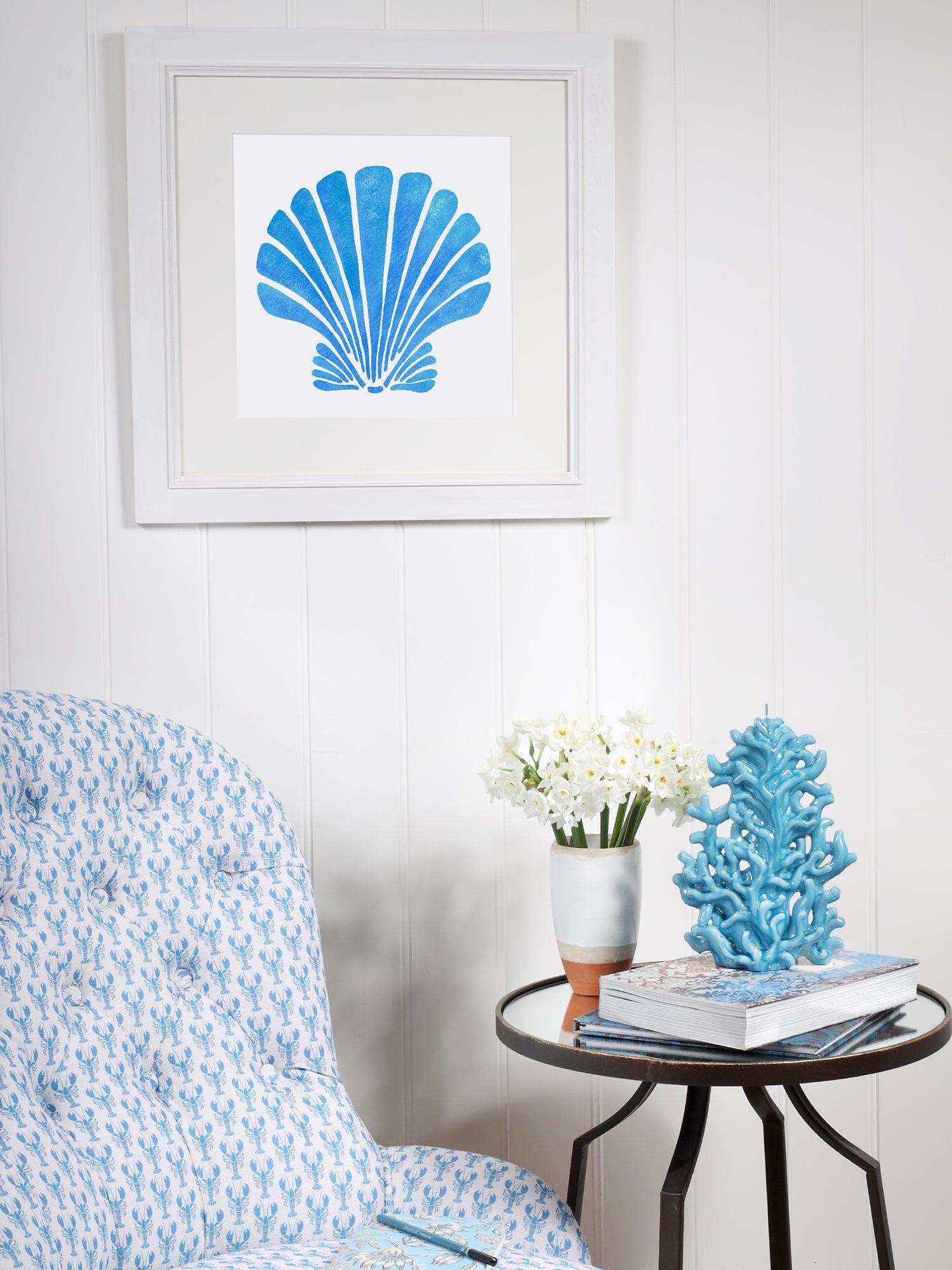 Fistral Blue Scallop Shell Art Print - 20cm & 30cm Square