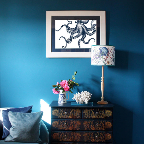 Octopus Art Print In Blue On White In Three Sizes - A2, A3 and A4 -Accessories- Cream Cornwall