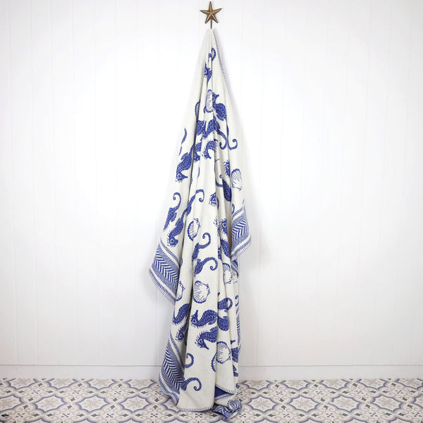 Reversible Seahorse Throw - Deep Blue & Ecru