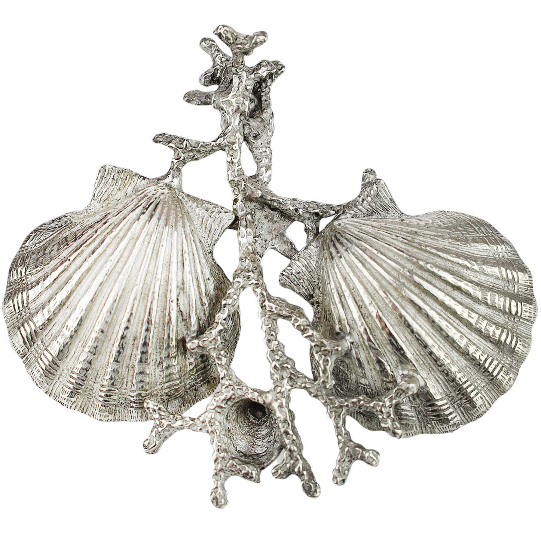 Reverse Aerial view Close up of Pewter Shell & Coral Condiment Set consisting of two pewter bowls held together by a sea coral design pewter structure.You can see the underside of the bowls shaped like scallop shells