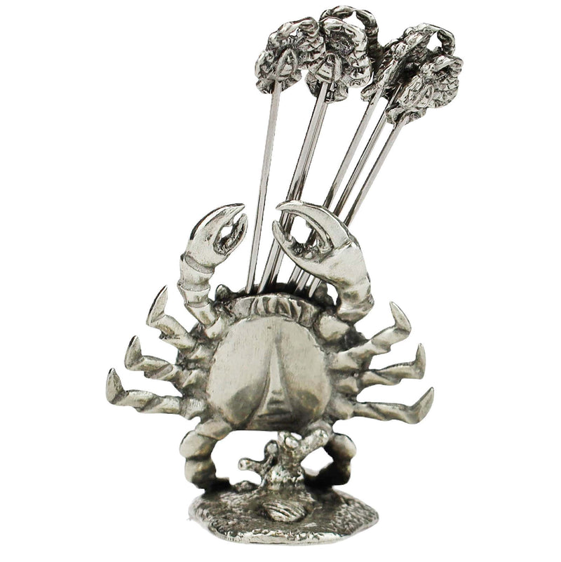 Reverse view of Close up of Pewter Crab shaped Pick Set with crabs at one end of each of the picks