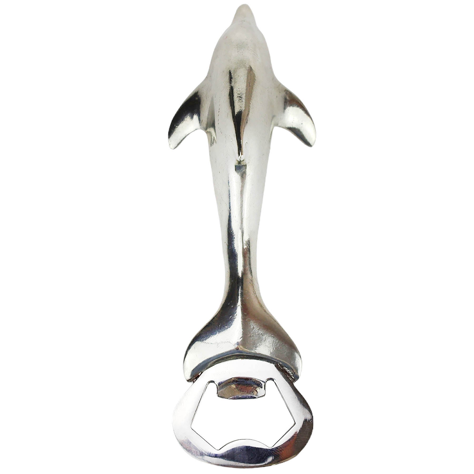 Close up of a Pewter Dolphin shaped bottle opener
