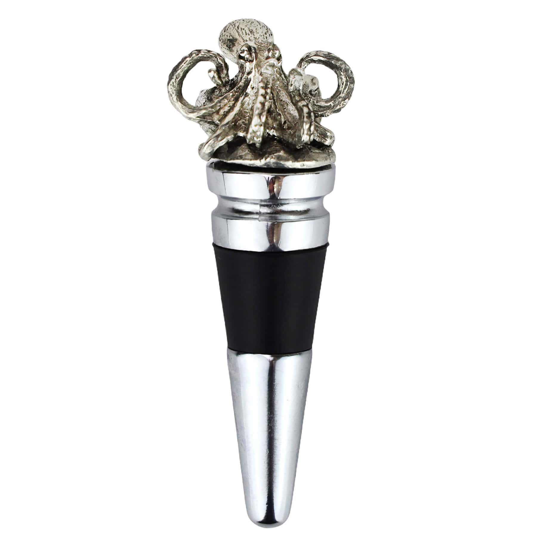 Pewter Octopus shaped Bottle Stopper with body spread,showing the metal base