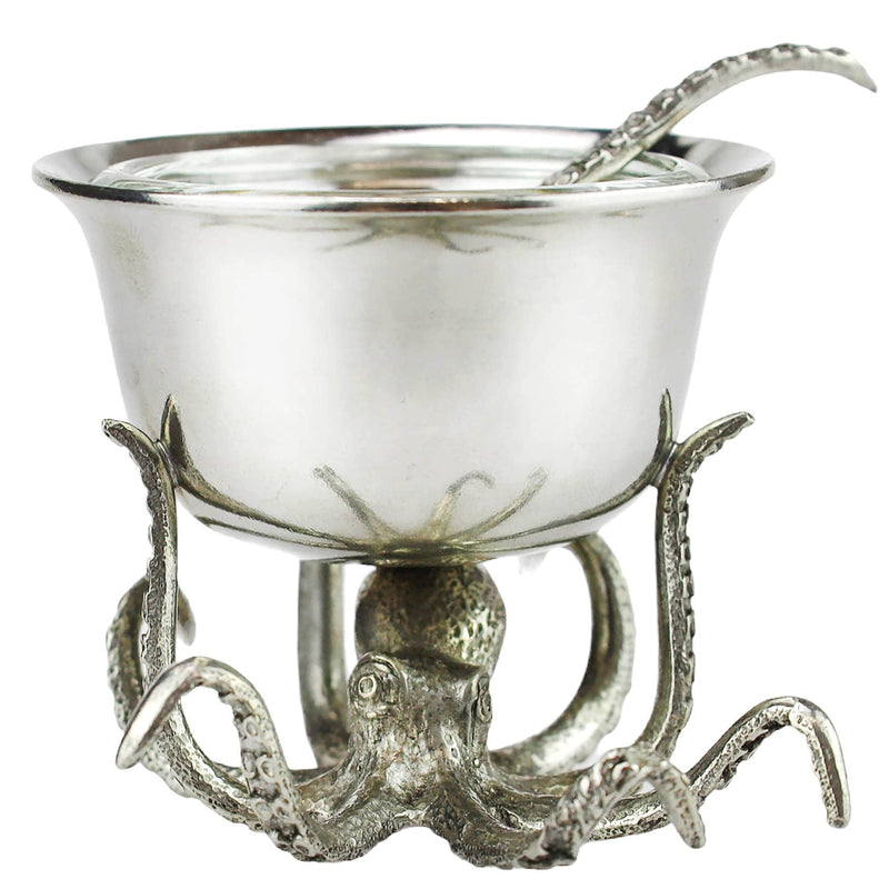 Close up of Pewter Octopus condiment bowl with the legs shaped as tentacles and a spoon shaped like a tentacle