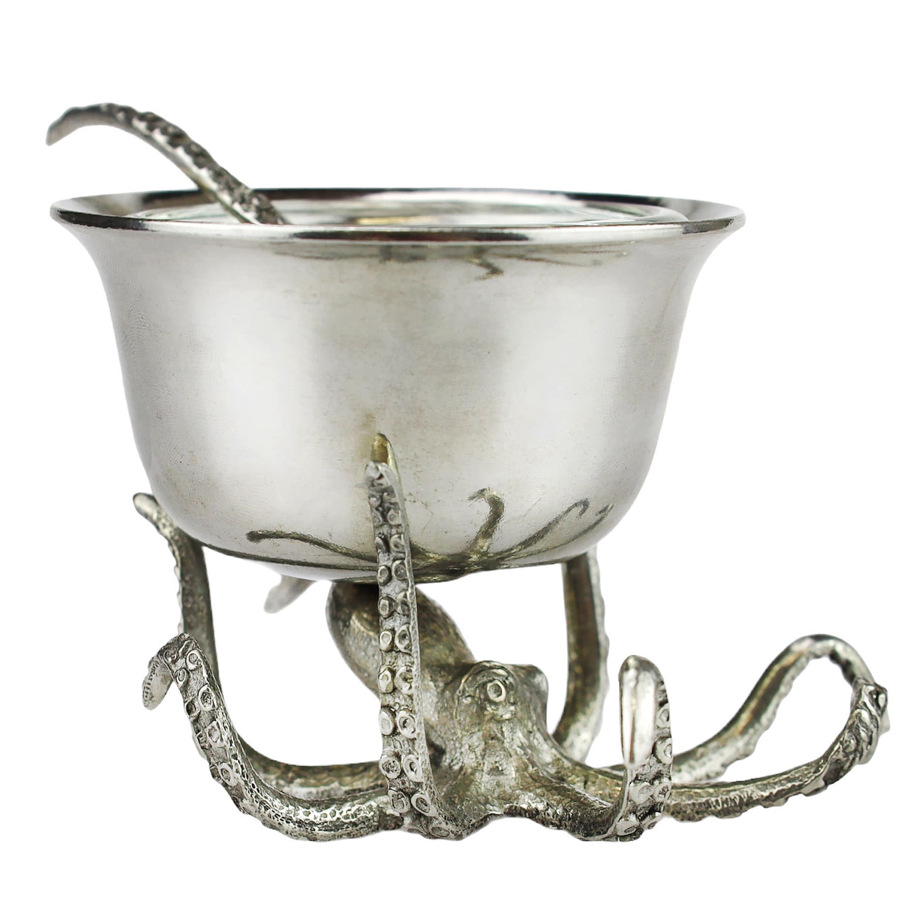 Close up of side shot of the Pewter Octopus condiment bowl with the legs shaped as tentacles and a spoon shaped like a tentacle