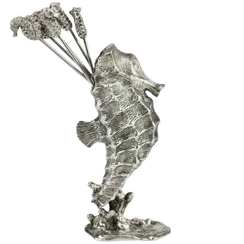 Reverse view of the Close up of Pewter Seahorse shaped Pick Set with seahorses at one end of each of the picks