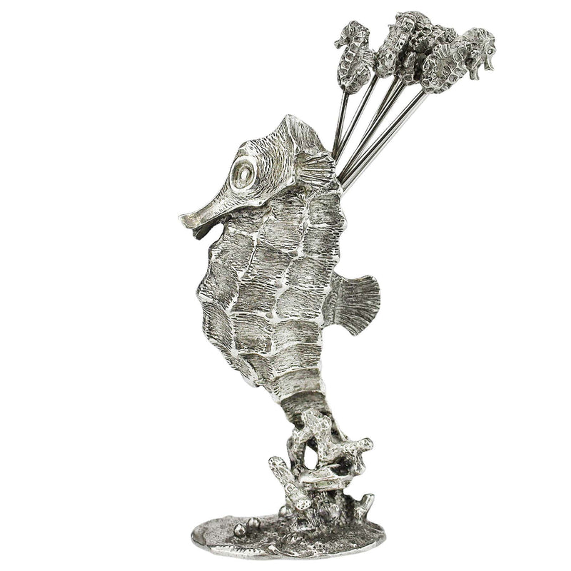 Close up of Pewter Seahorse shaped Pick Set with seahorses at one end of each of the picks