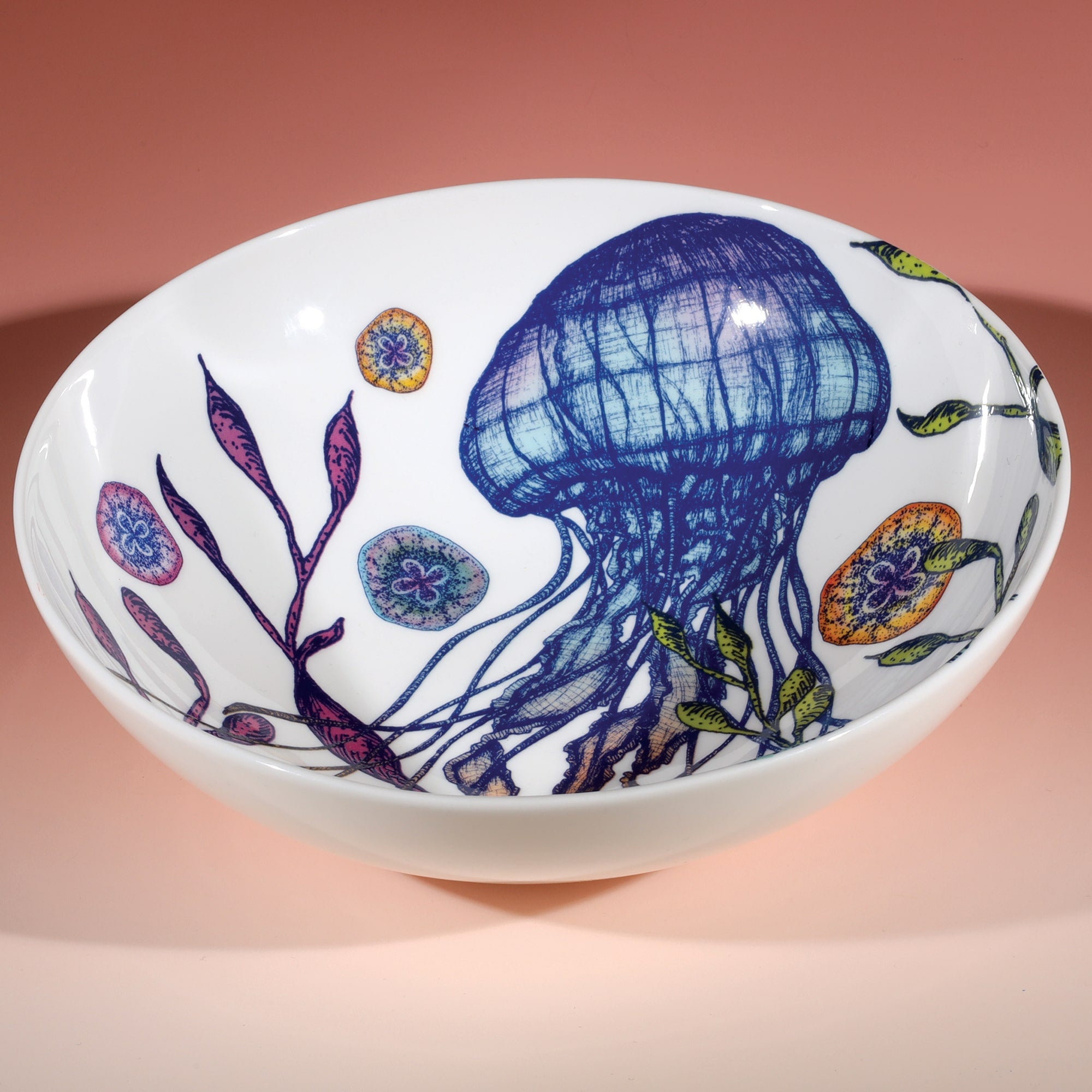 Pasta bowl in Bone China in our Reef range in Navy and white in the brightly coloured Jellyfish design