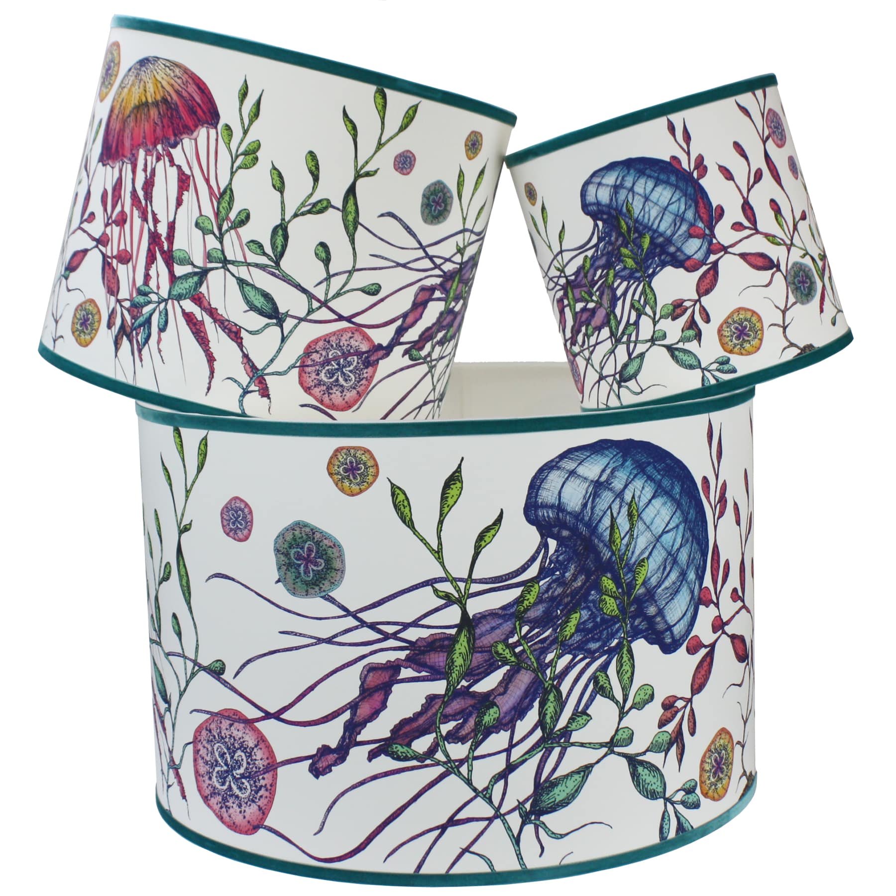 Canyons Reef White Shade With Jellyfish Design in bright colours with a aqua trim on the edge of the shade.The lampshades are shown in a stack of three showing all three sizes.