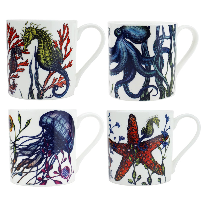 Close up of Set of four Bone china white mugs featuring hand drawn Reef designs stacked showing each design.One Starfish,Octopus,Seahorse and a Jellyfish in our bright reef colours handles to the right  