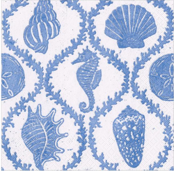 Triple ply Paper napkins with alternate blue seahorses and shells