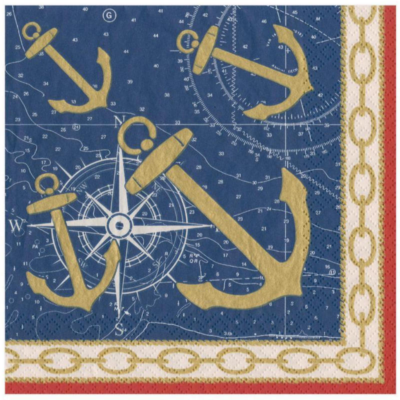 Triple ply Paper napkins with Gold anchor on a Navy background with gold/red edging