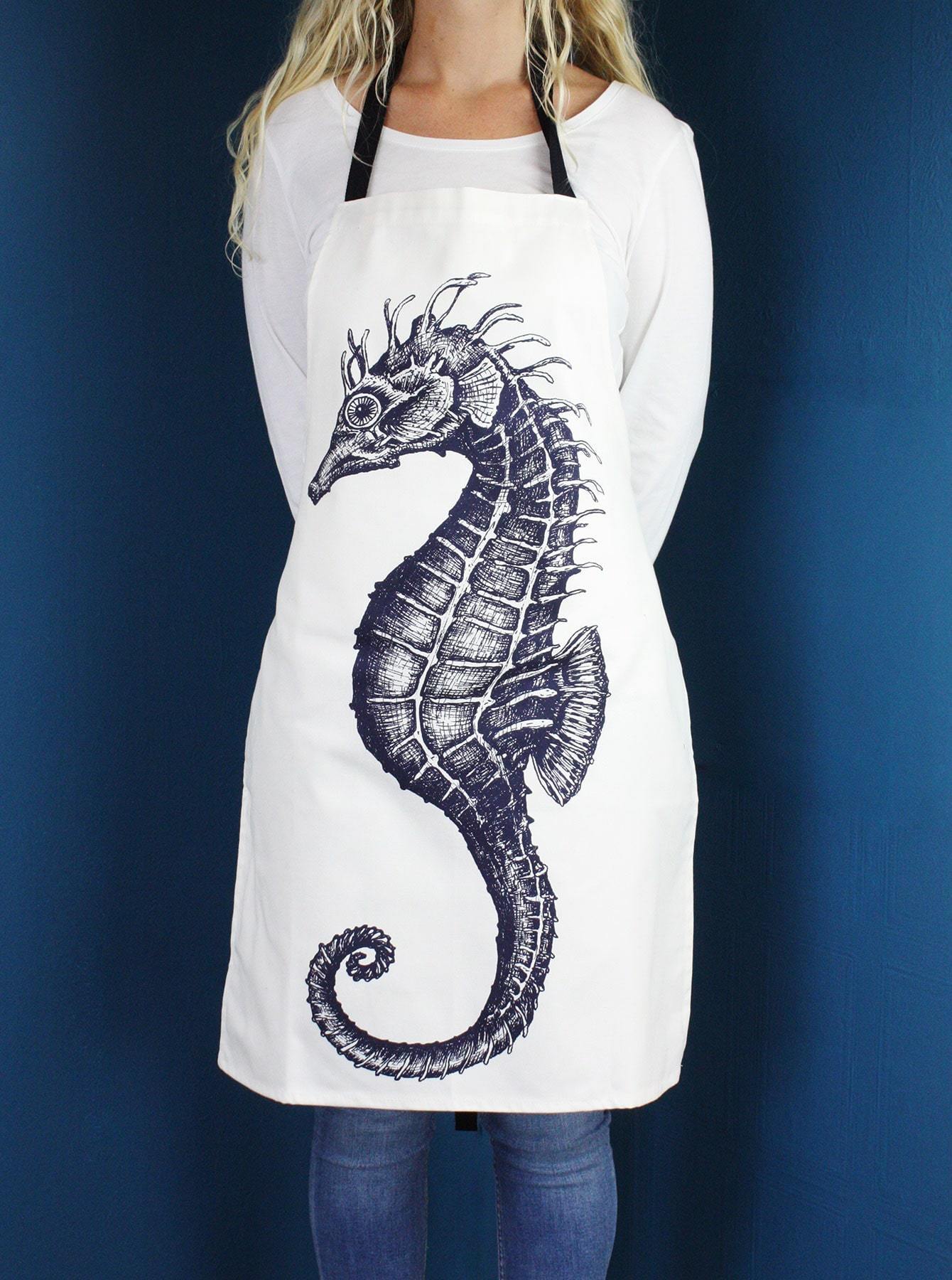Blue And White Printed Cotton Apron With Seahorse Design -Kitchen & Dining- Cream Cornwall